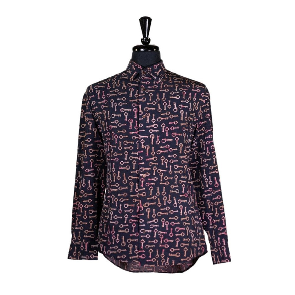 Mens Shirt Button Up Black Silky Abstract Keys Dress Casual Grunge Goth Large
